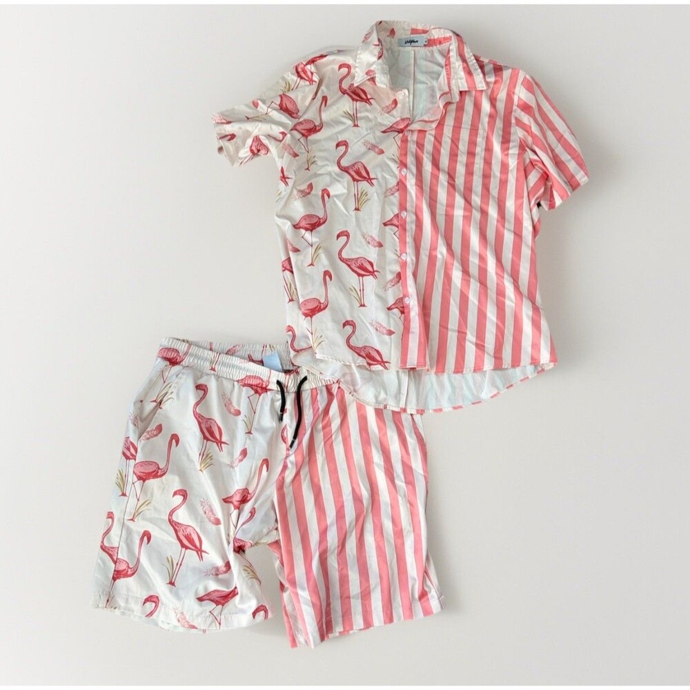 VATPAVE Men’s Hawaiian Flamingo Shirt Shorts Satin Set Size XL Beach